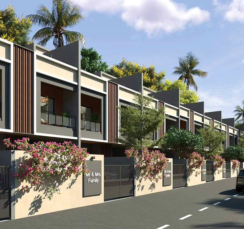 Row of AshokVillas homes with landscaped front courtyards (artist's impression)
