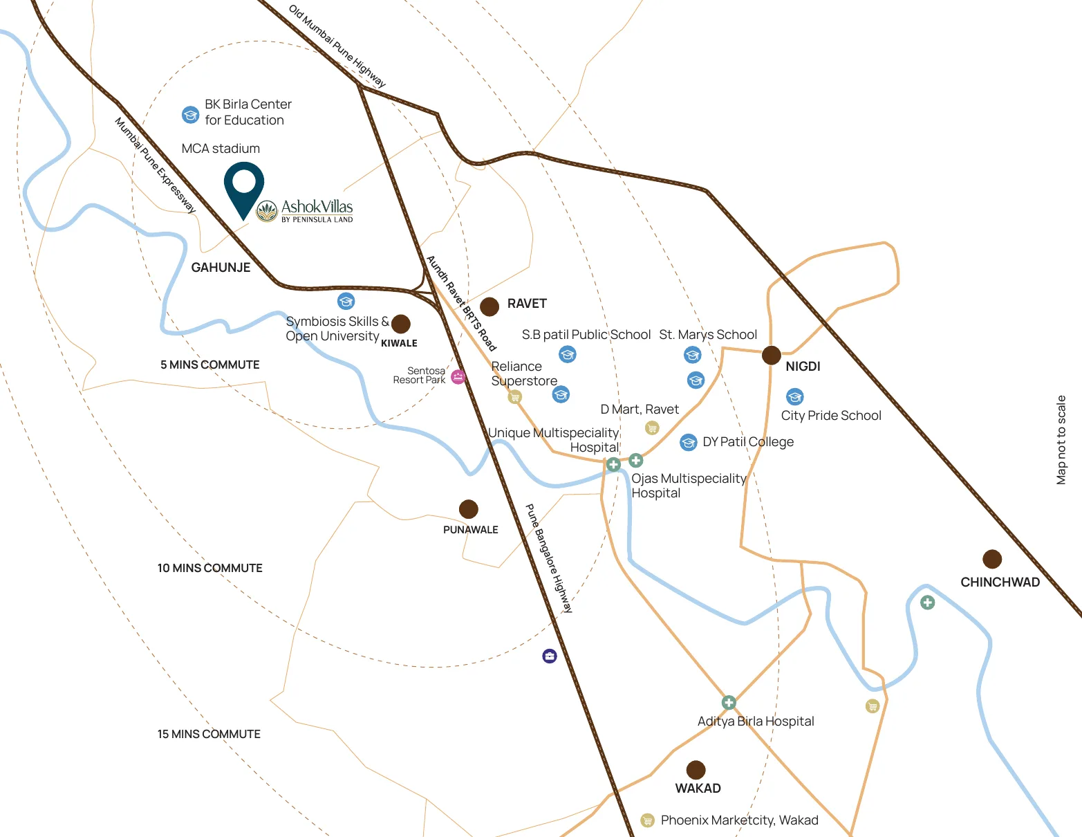 Location map of AshokVillas in Gahunje showing Ravet, Kiwale, the Mumbai–Pune Expressway and nearby schools and hospitals