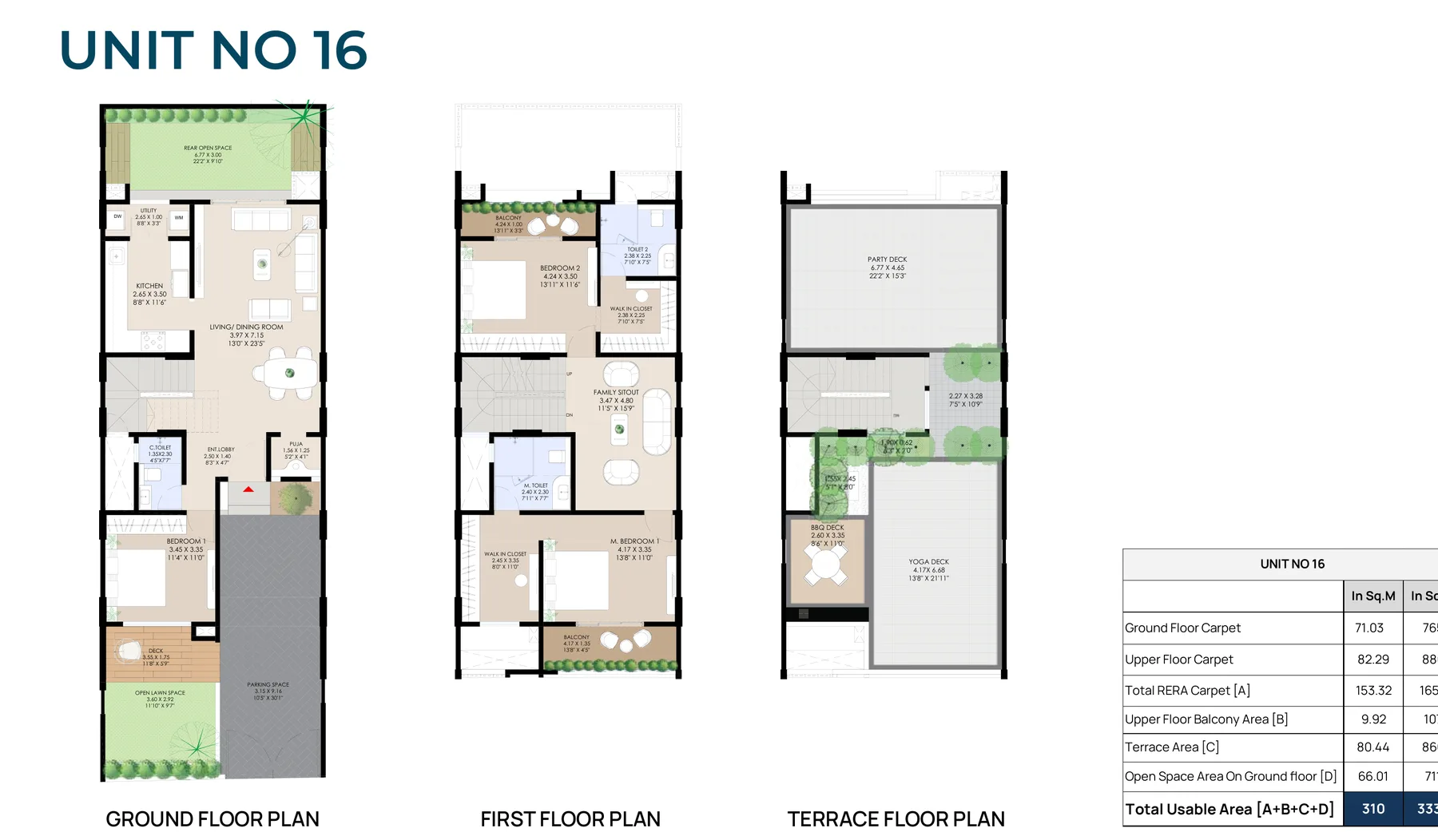 AshokVillas Grande unit plan: ground, first and terrace floors