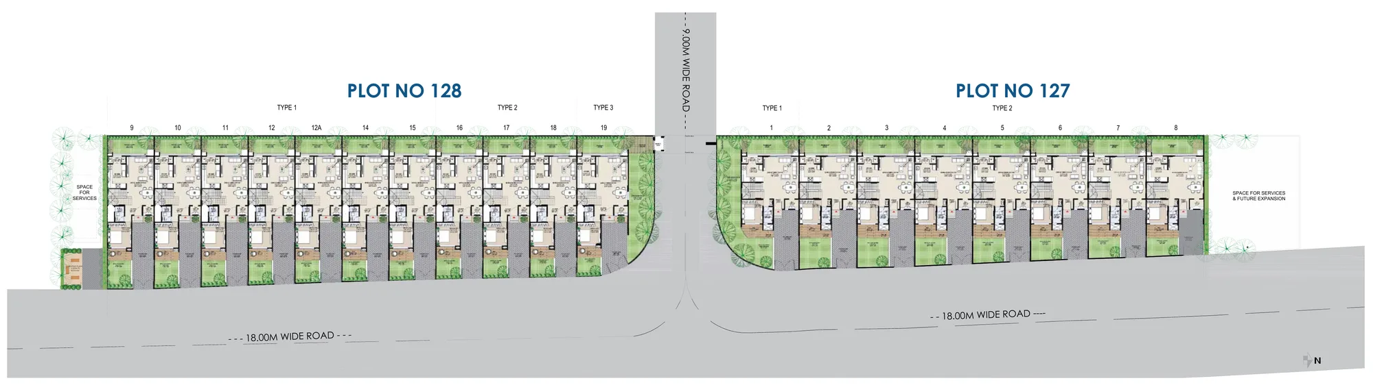 AshokVillas ground floor master plan showing all 19 villas, parking and lawns